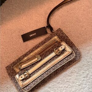 DKNY Brown Monogram Wristlet with Gold Hardware